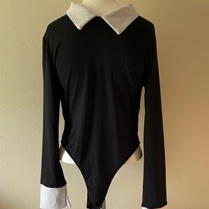 SHEIN Black and White Collar Bodysuit Sz L